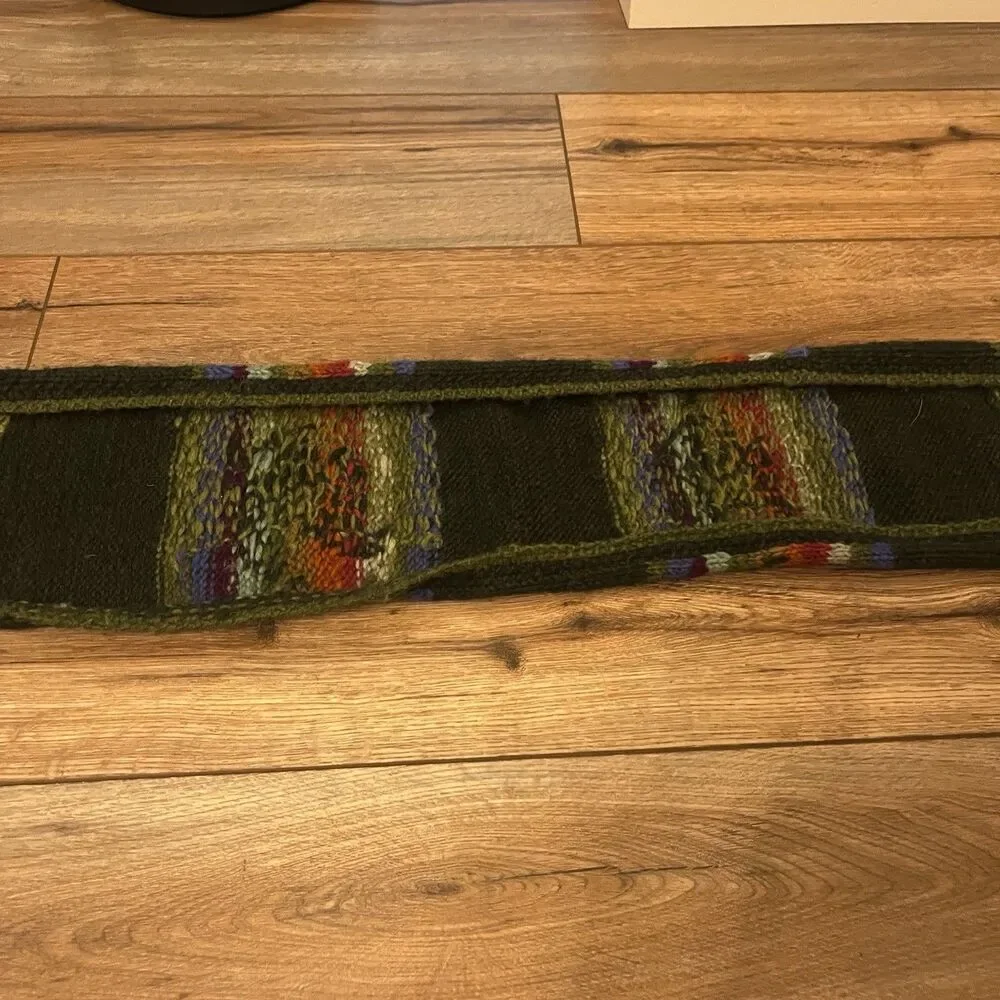 Lost Horizons Green Striped Knit Wool Pocket Scarf Handmade in Nepal Boho